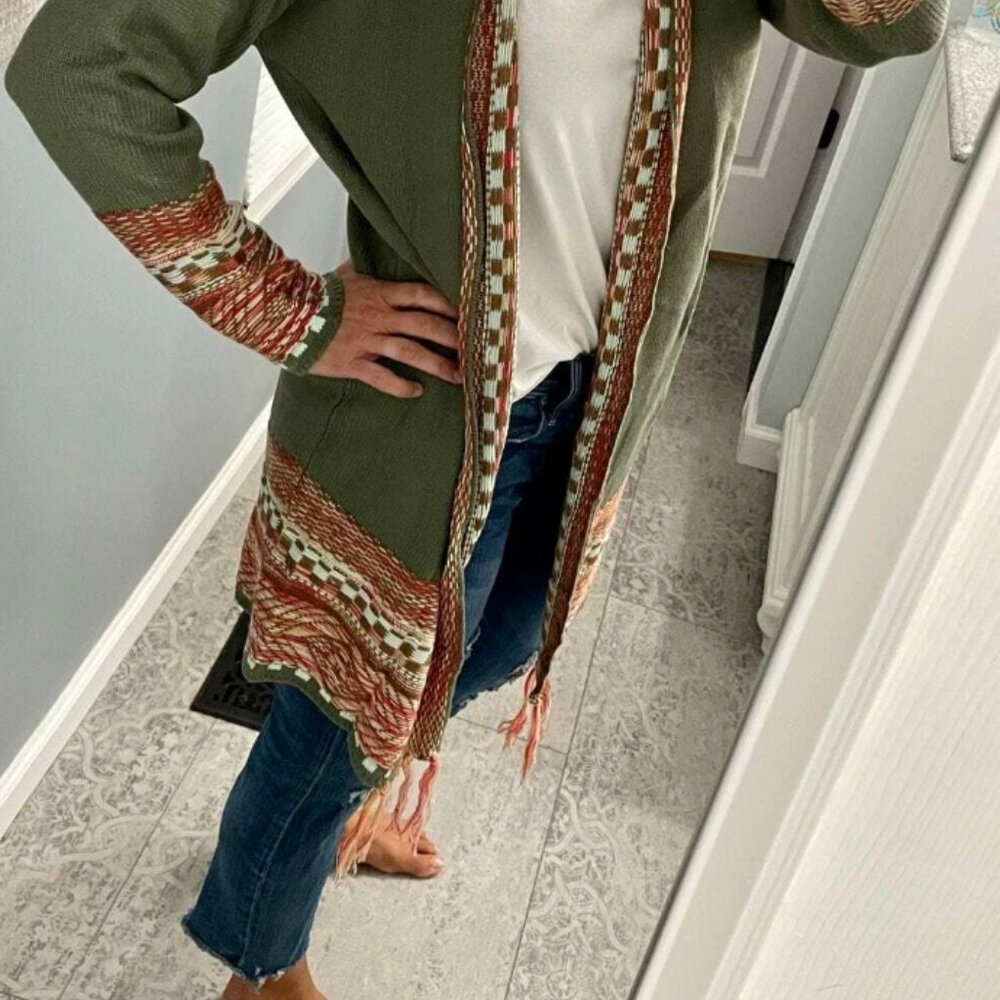 NEW Fringe Trim Tribal Duster + Bohemian Turquoise Earrings + Necklace L/XL